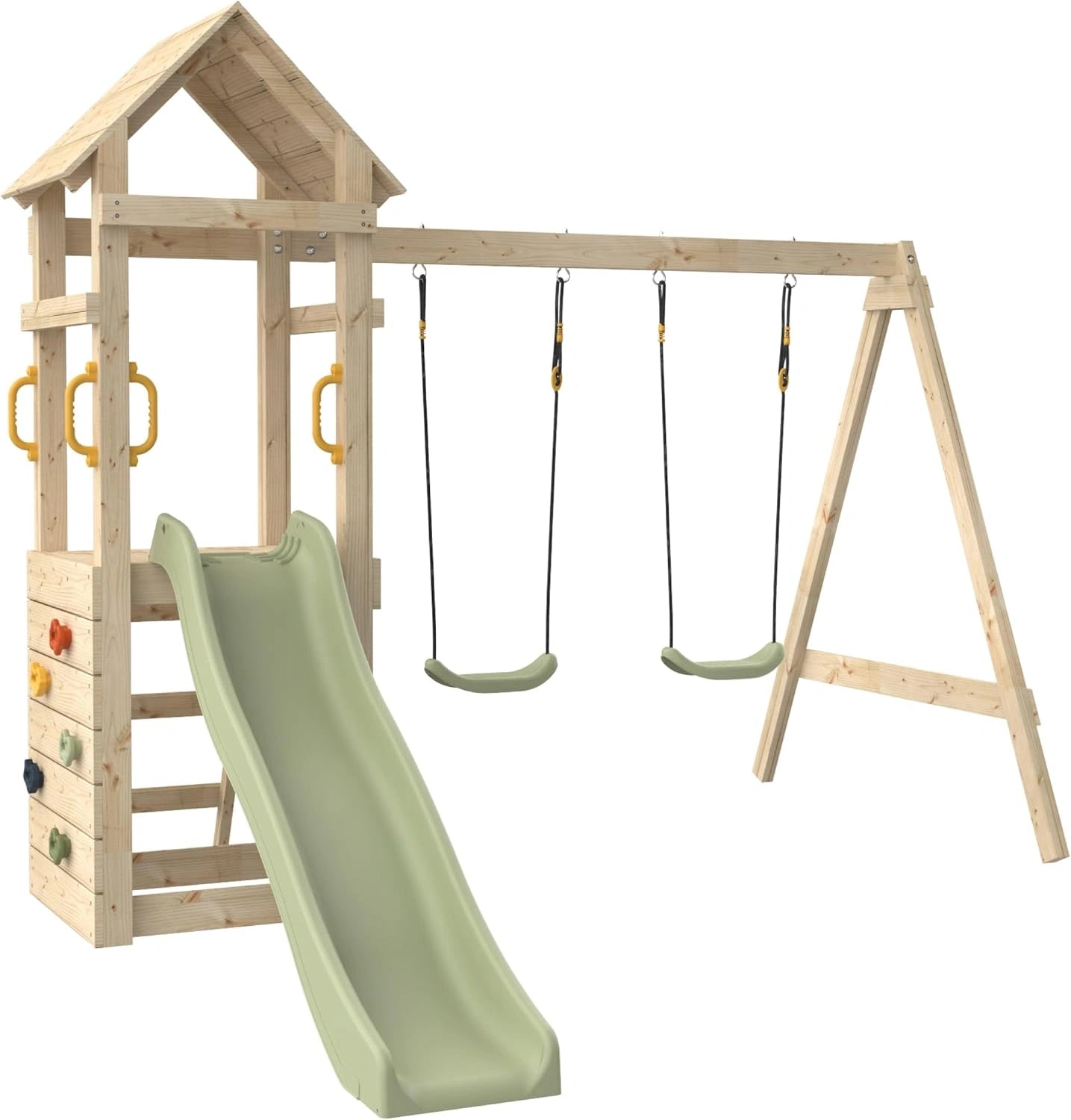 Aire de Jeux Extérieure avec Toit et Toboggan - Échelle, Mur d'Escalade, 2 Balançoires
