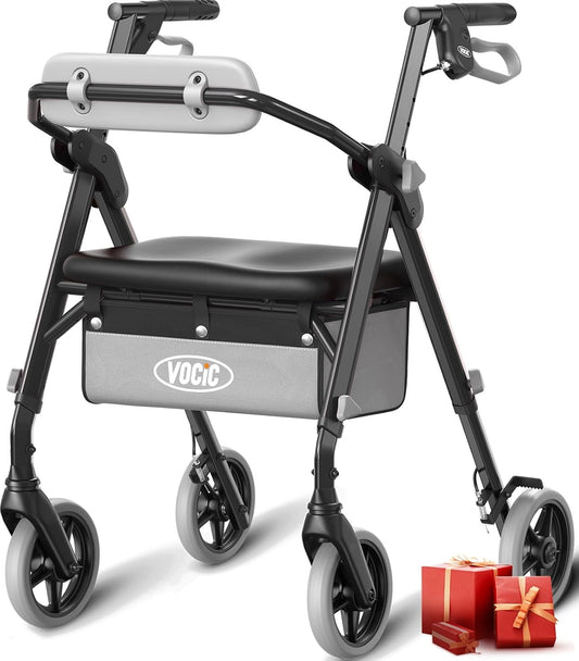 Déambulateur Pliable Léger 4 Roues VOCIC Z11, Capacité 172 kg, Poignée Réglable, Siège Ergonomique, Noir