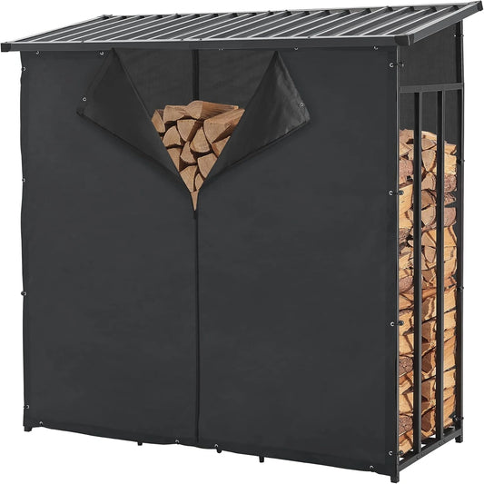 Support de Bûches d'Extérieur avec Housse Protection, Acier Galvanisé Noir