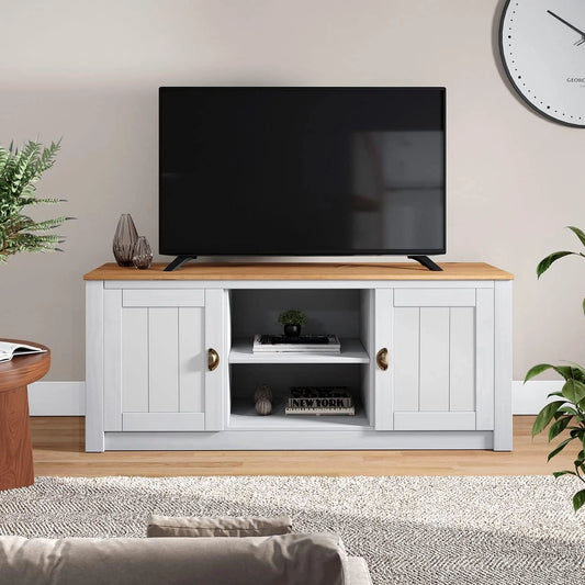 Meuble TV en Bois Massif avec Rangement, 2 Portes et Niches, Blanc et Brun, 138 cm