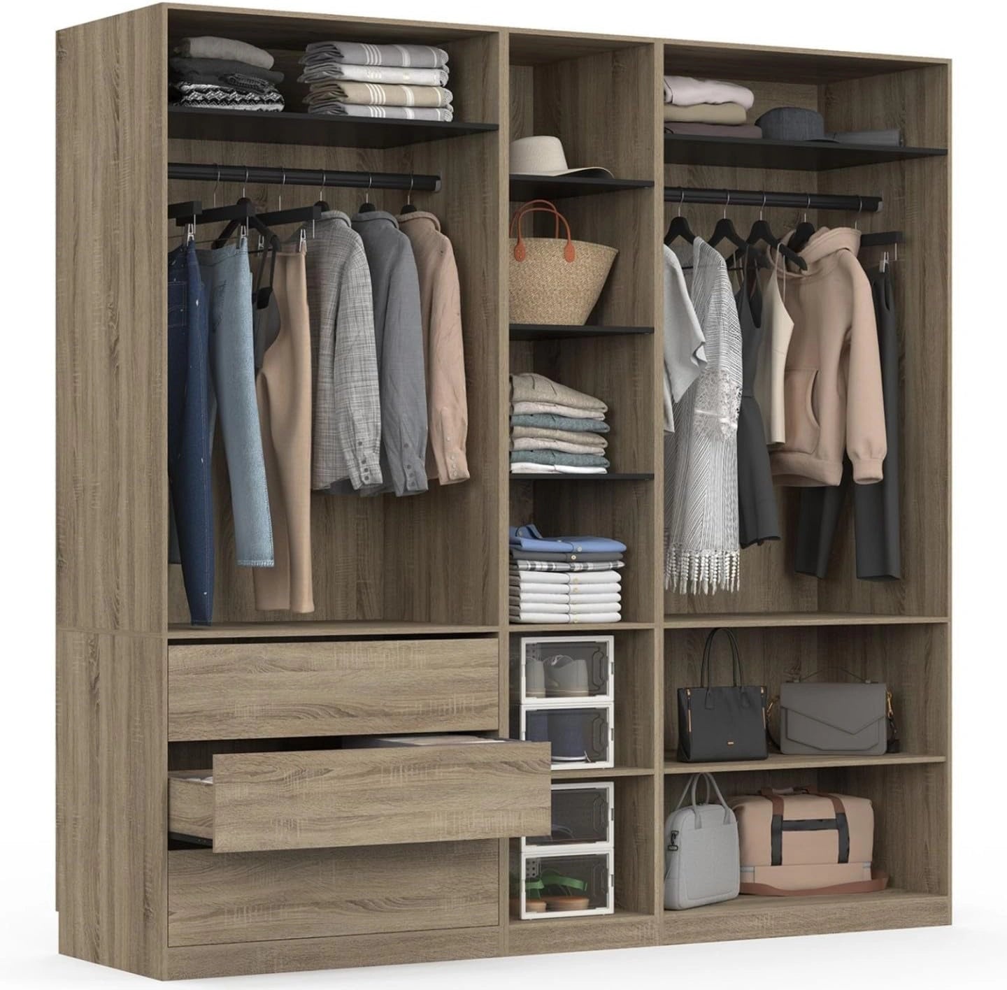 Armoire Modulable TAYLOR 3 Modules avec Penderie, Étagères et Tiroirs en Hêtre et Noir 200 x 55 x 200 cm