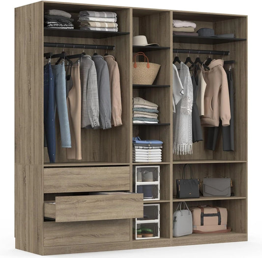 Armoire Modulable TAYLOR 3 Modules avec Penderie, Étagères et Tiroirs en Hêtre et Noir 200 x 55 x 200 cm
