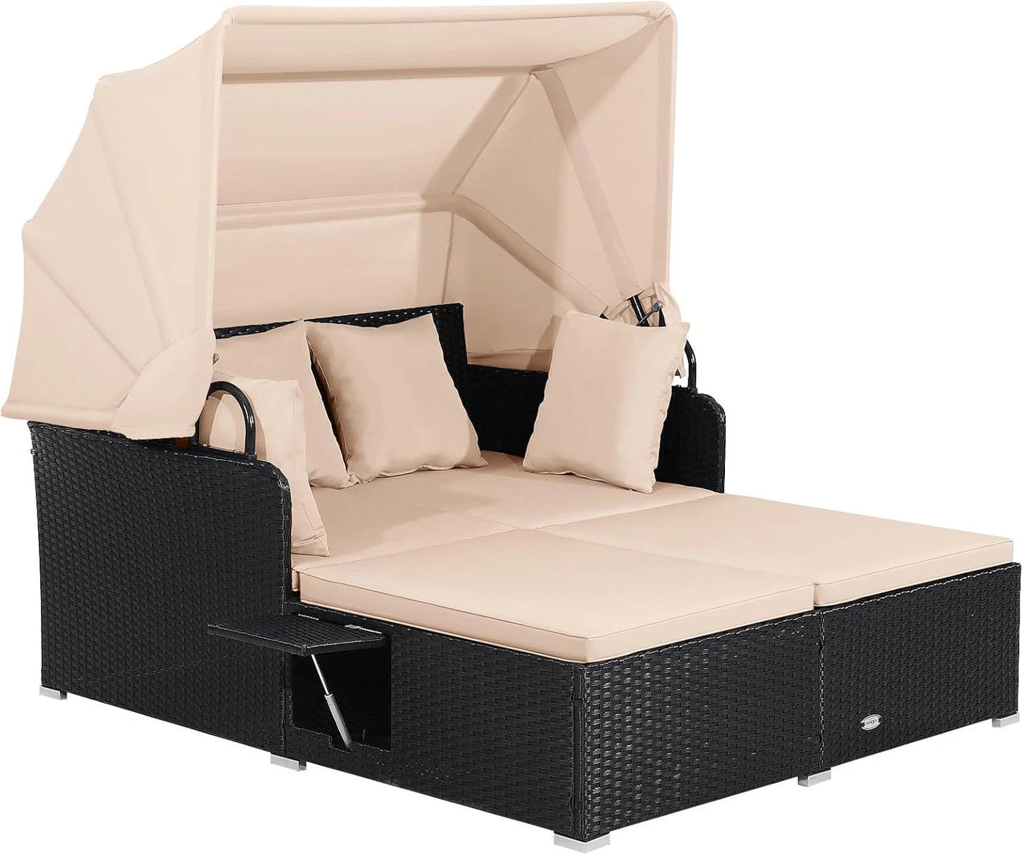 Transat de Jardin Double en Rotin avec Baldaquin Amovible, Chaises Longues avec Coussins Épais et Panneaux Rétractables, Capacité 360KG (Beige)