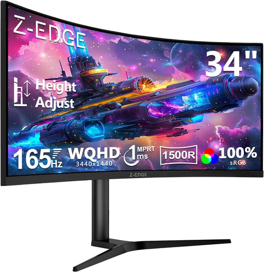 Moniteur Gaming Incurvé 34'' Ultra-Large 165Hz avec FreeSync, Réglable en Hauteur, 1ms, 3440x1440, HDMI et DP
