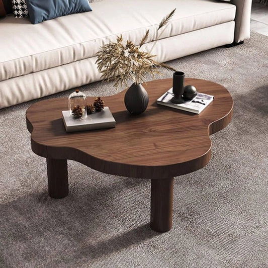 Table basse moderne en noyer avec design unique et coins arrondis, 3 pieds solides - 70x45x40 cm