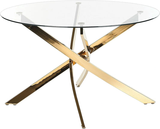 Table à Manger Ronde en Verre Trempé avec Pieds Dorés, 120 cm