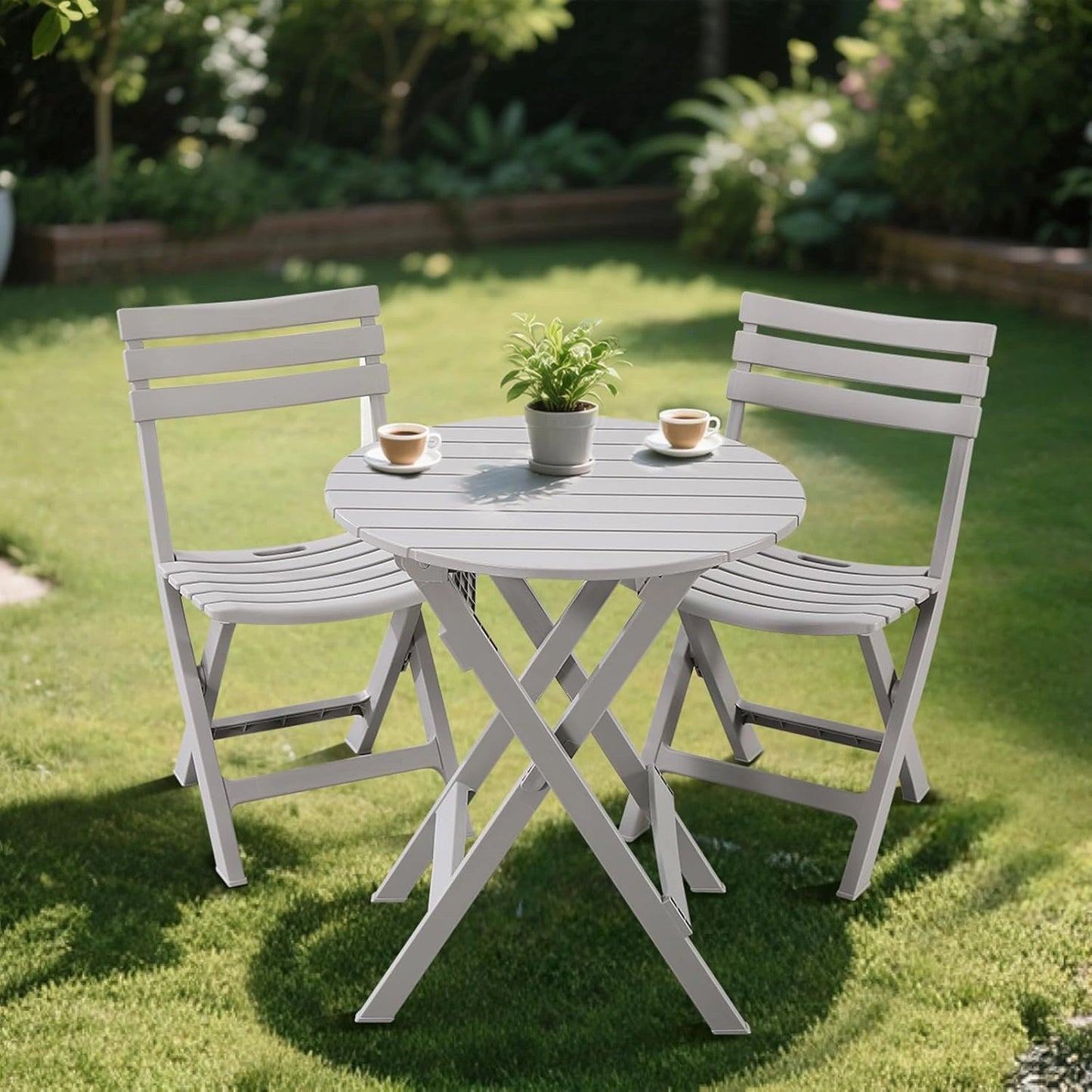 Set de Bistro Pliante 3 Pièces en Plastique - Table et Chaises avec Dossier pour Extérieur et Intérieur