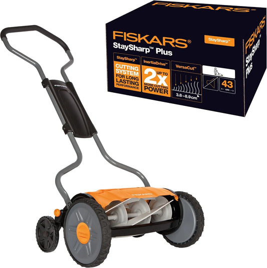 Fiskars Tondeuse Manuelle StaySharp Plus, Largeur 43 cm, Système de Coupe sans Frotement, Noir/Orange/Argent