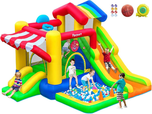 Château Gonflable Multifonction Intérieur/Extérieur pour Enfants avec Toboggan et Trampoline