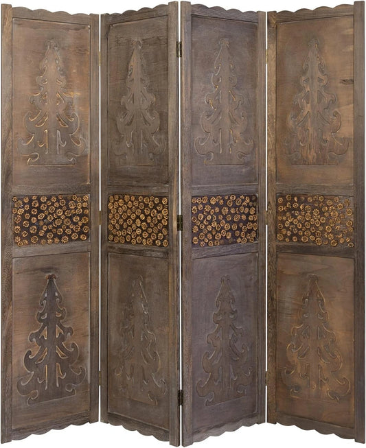 Paravent en Bois Sculpté Marron, 4 Panneaux - Homestyle4u