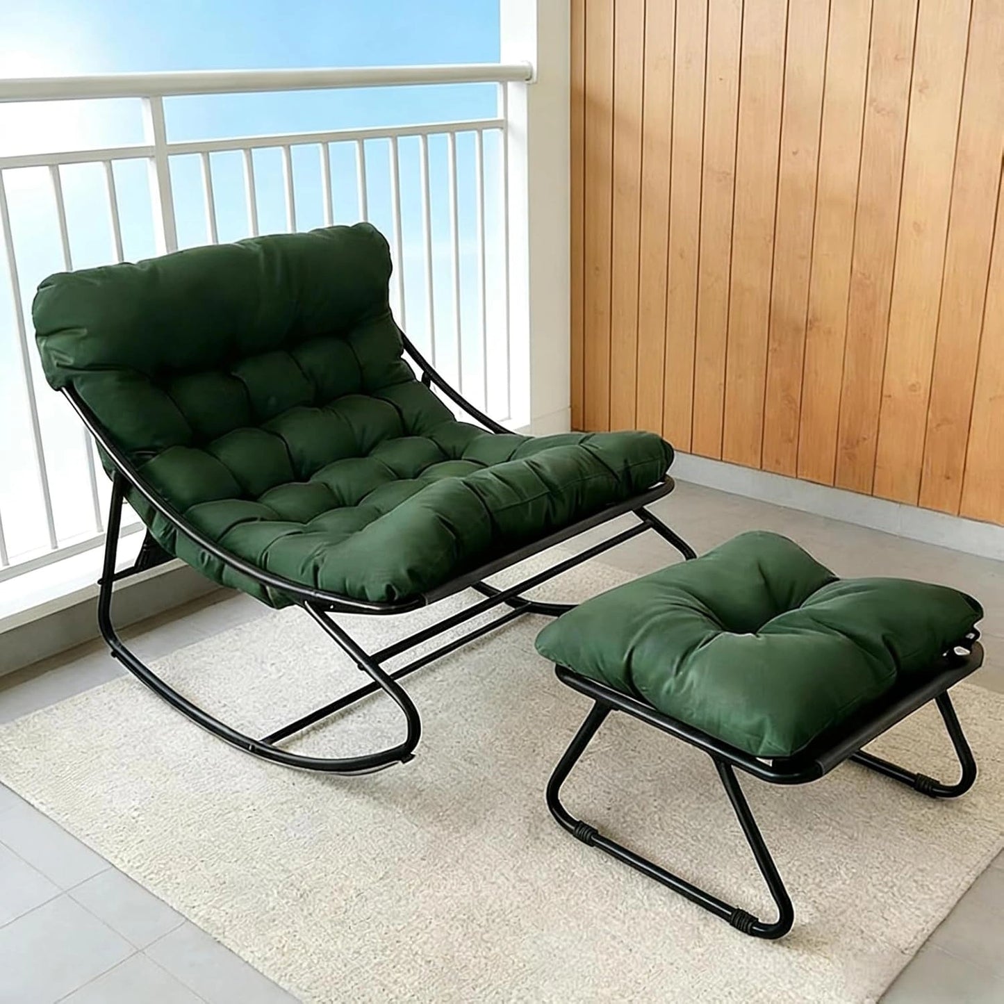 Chaise Œuf Bascule avec Repose-Pieds, Coussin Confortable, Intérieur/Extérieur, Vert, 150kg