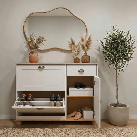IDIMEX Armoire à Chaussures Colmar avec Abattants, Tiroir et Étagère en Pin Massif Blanc et Brun