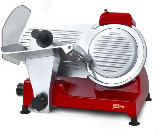 H.Koenig Trancheuse Électrique MSX224, Qualité Professionnelle, Lame Italienne 20 cm, Épaisseur Ajustable 0-12 mm, Aiguiseur Inclus, Plateau Spacieux, 282 RPM, Rouge