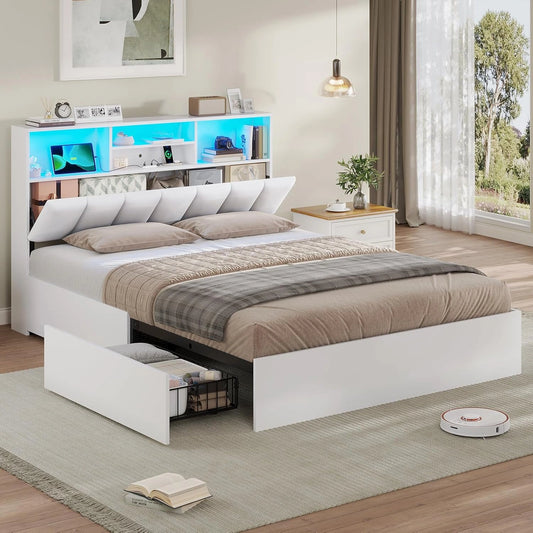 Lit Double avec Tiroirs, Ports USB et LED - 140x190 cm, Blanc