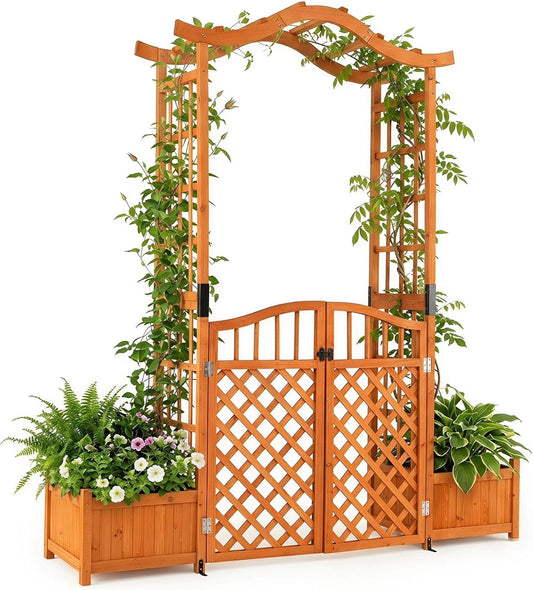 Pergola en Bois avec Treillis et Jardinière pour Plantes Grimpantes, Décoration de Jardin avec Portail (Brun)