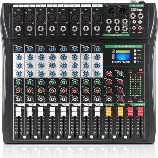 Table de Mixage Audio XTUGA CT80 - 8 Canaux Professionnels avec Interface Numérique, Alimentation 48V, Connexions RCA et XLR