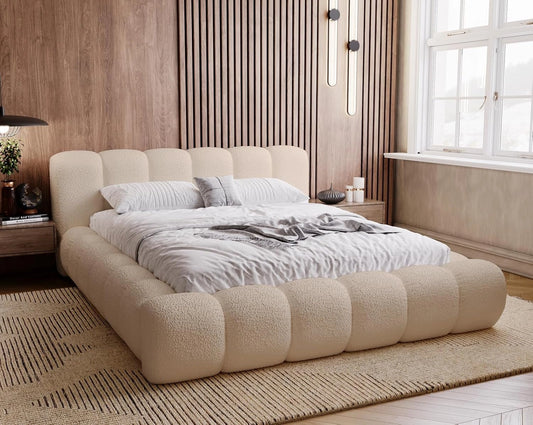 Lit Double Rembourré 160x200 avec Coffre de Rangement, Sommier à Lattes - Tissu Bouclé Beige