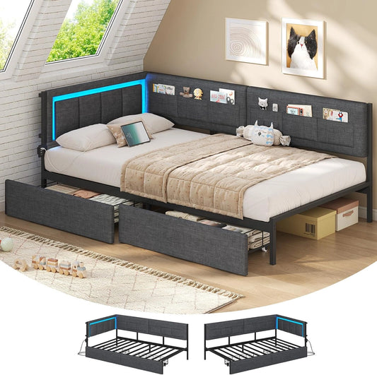 Banquette Lit 90x190 avec LED et Rangement, Cadre Métallique avec Sommier à Lattes, Lit Enfant avec Tiroirs, Gris