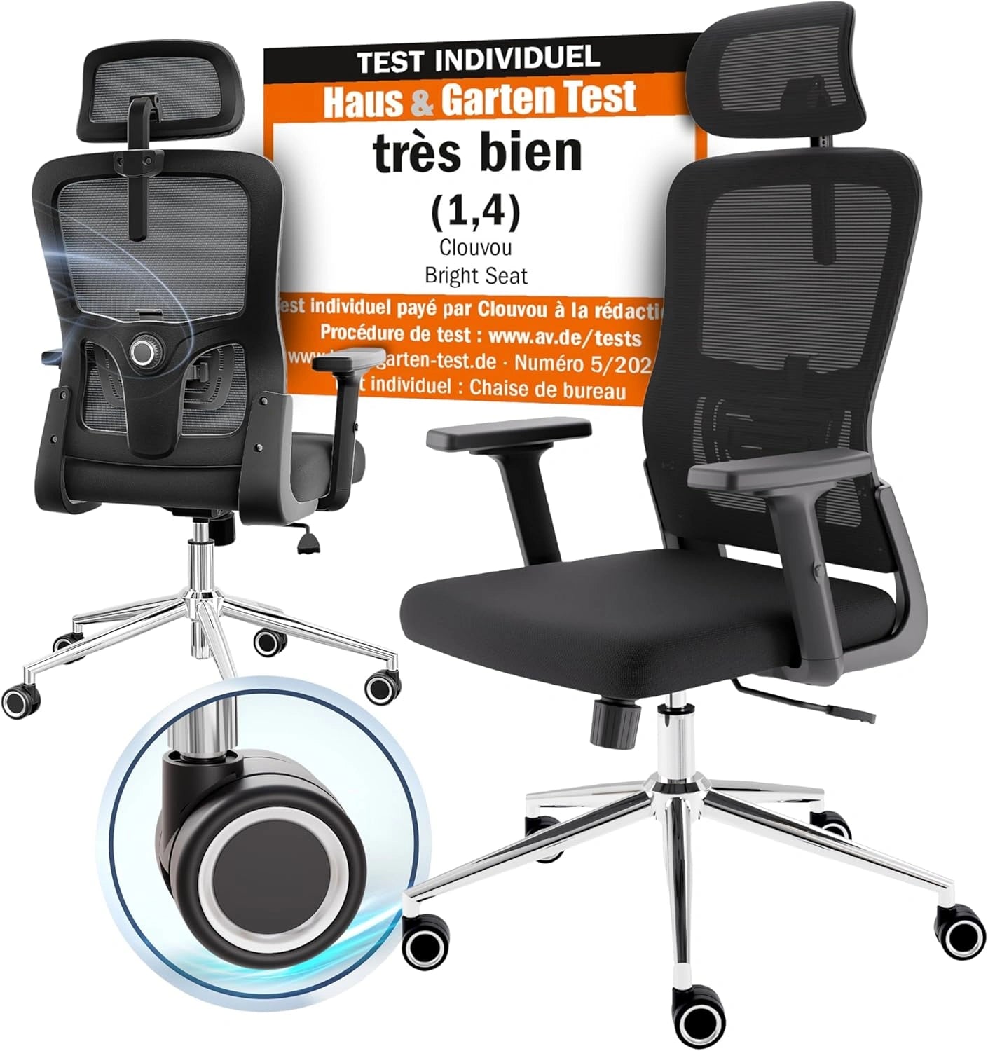 Fauteuil de Bureau Ergonomique CLOUVOU BrightSeat - Chaise Gaming, Capacité 150kg, Noir