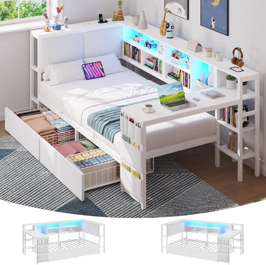 Canapé-Lit Enfant Blanc 90x200 cm avec LED, Multiprise et Rangement