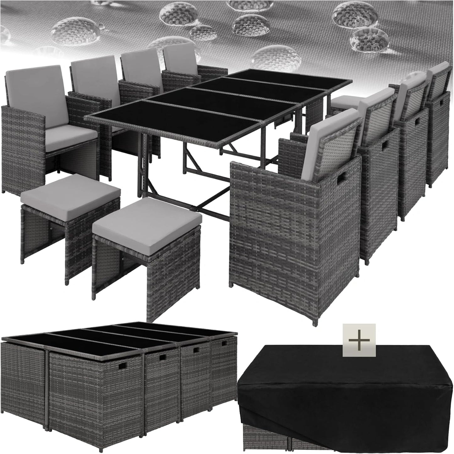 Ensemble de Salle à Manger d'Extérieur en Résine Tressée avec Chaises et Tabourets - Gris