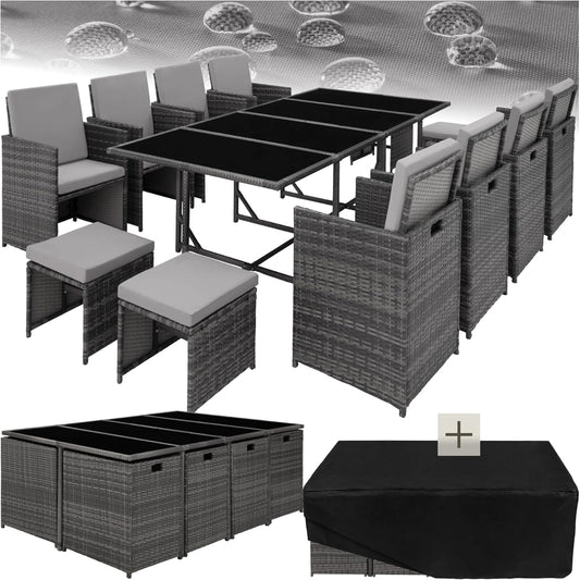 Ensemble de Salle à Manger d'Extérieur en Résine Tressée avec Chaises et Tabourets - Gris