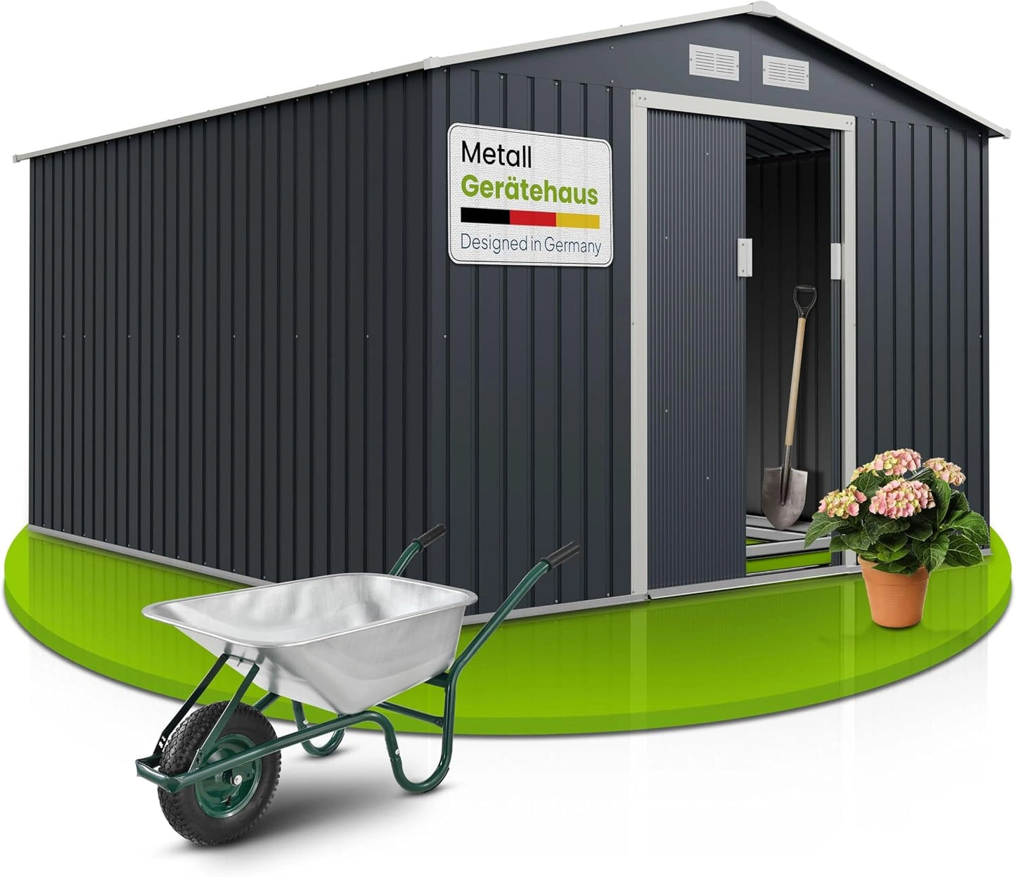 Grand Abri de Jardin en Métal 8,9m² avec Porte Coulissante et Toit Incliné - Anthracite