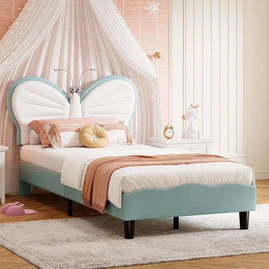 Lit Princesse 90x200 cm avec LED et Tête Réglable, Cadre Velours Bleu pour Enfants et Adultes