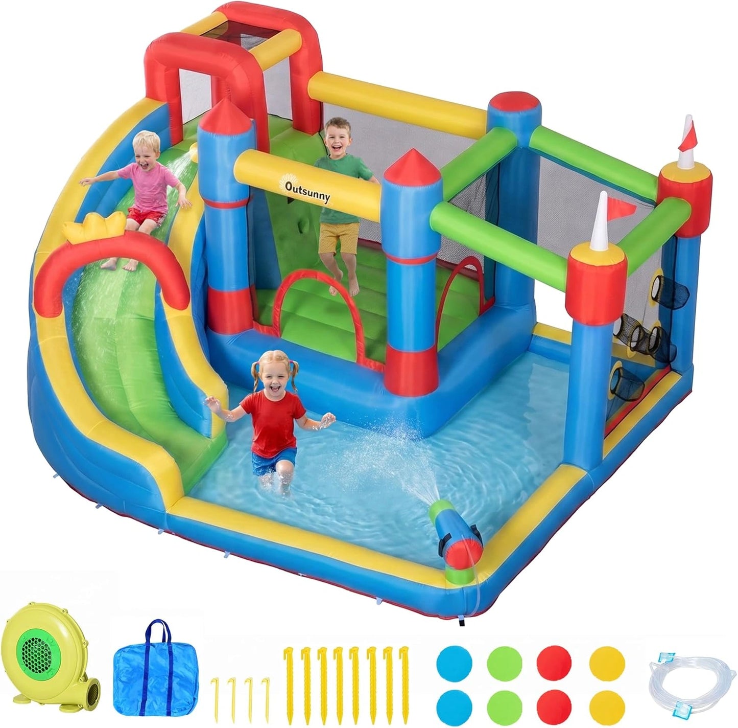Aire de Jeux Gonflable 6-en-1 pour Enfants avec Toboggan et Trampoline - Inclus Gonfleur et Sac de Transport, 390x300x197 cm, Multicolore
