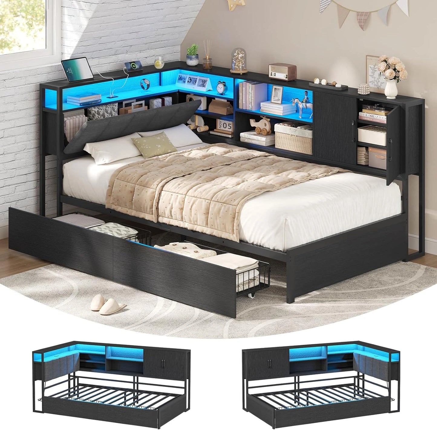 KIMENICH Canapé-Lit avec Tiroirs et Éclairage LED, Multiprise Intégrée, Rangement Pratique, Tête de Lit Capitonnée en Lin