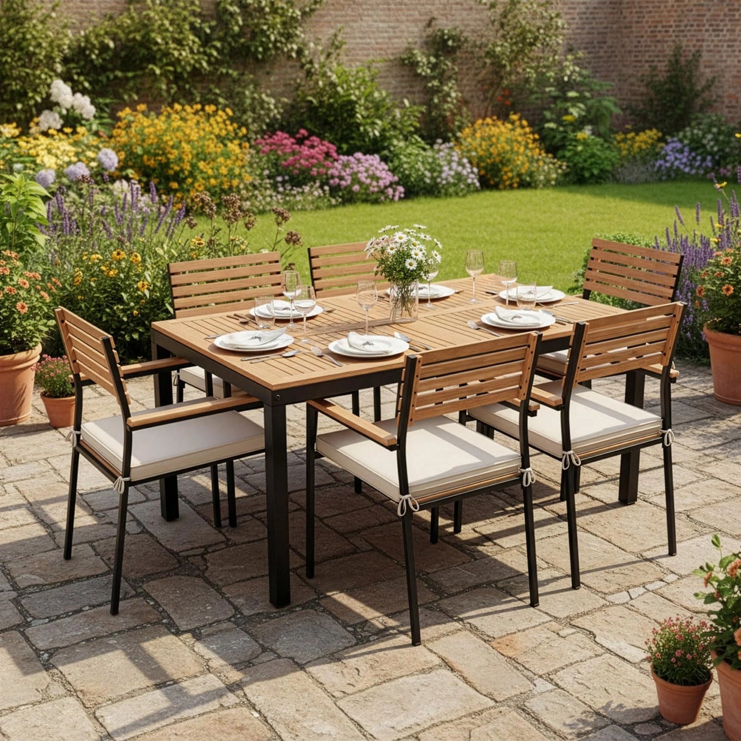 Ensemble de Jardin en Acacia Rhodos - Table avec 6 Chaises et Coussins - Mobilier d'Extérieur Élégant en Bois