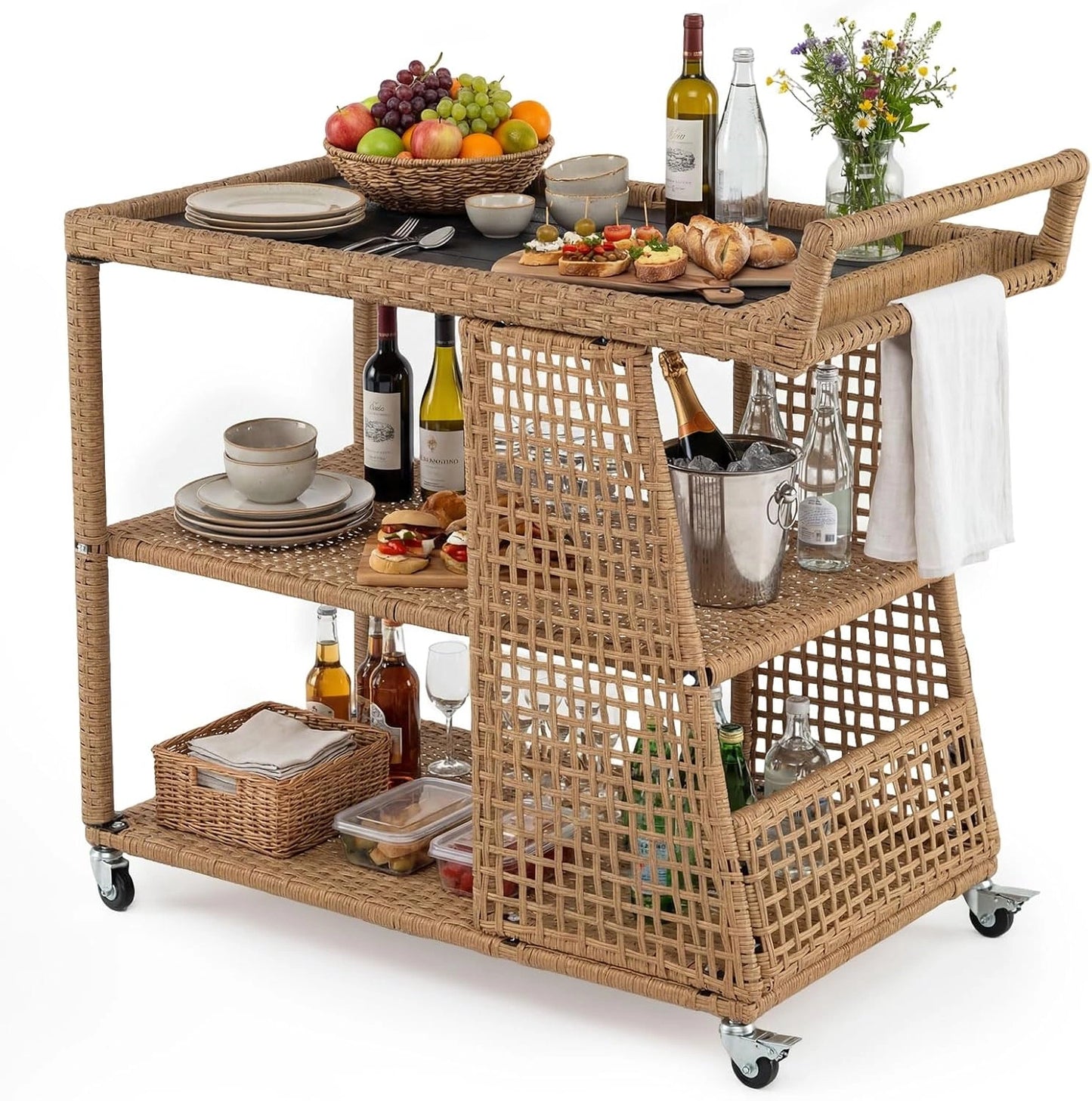Chariot de Bar en Rotin pour Terrasse avec Porte-Serviettes et Roues Freinées