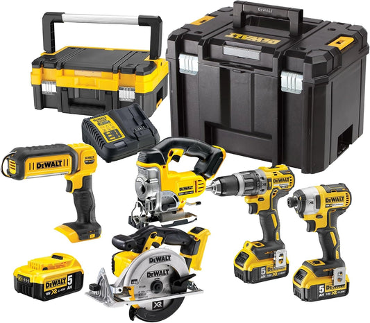 DEWALT - Ensemble 5 Outils XR 18V: Perceuse, Visseuse à Chocs 3 Vitesses, Scie Sauteuse, Scie Circulaire, Lampe LED, 3 Batteries 5Ah, Chargeur, 2 Coffrets TSTAK