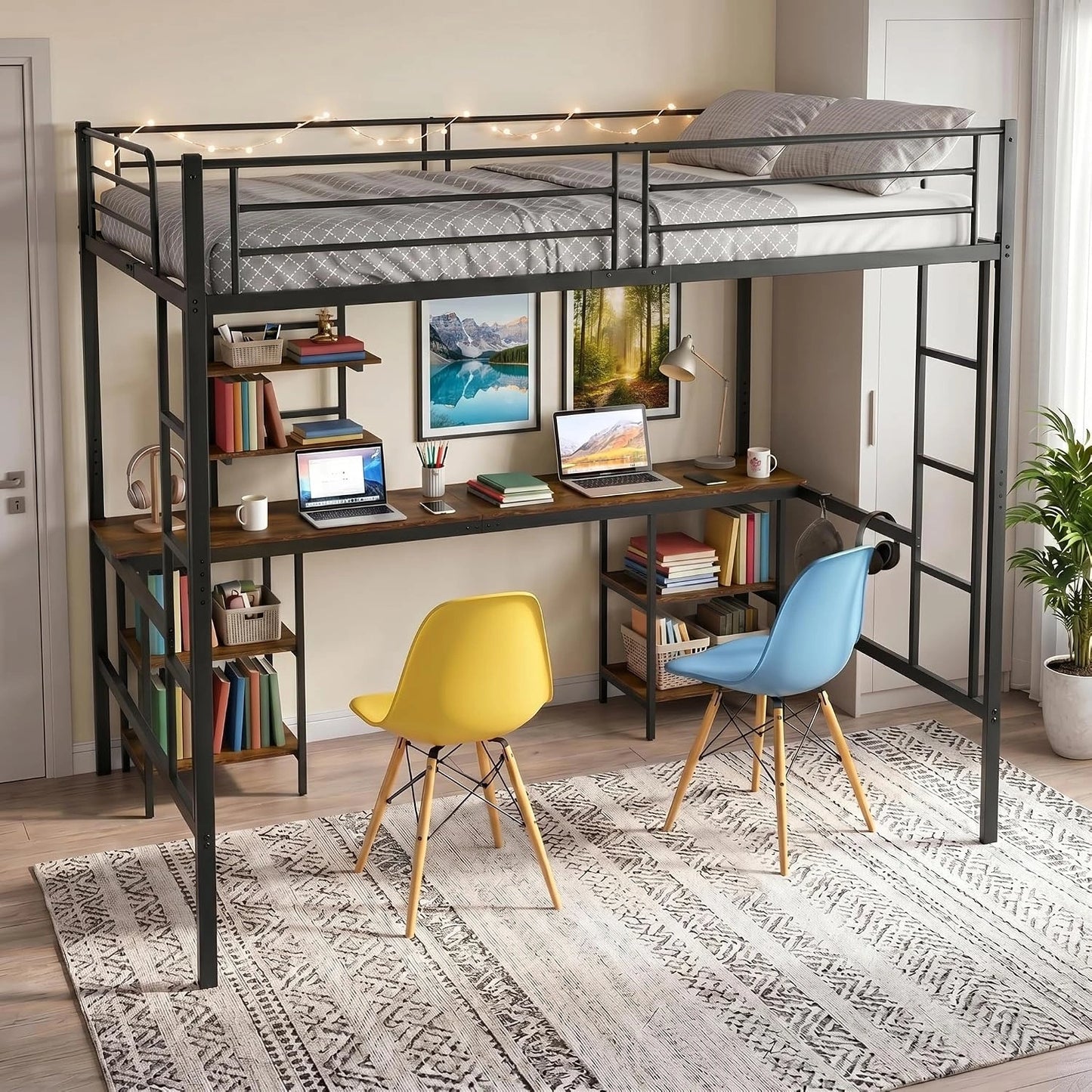 Lit mezzanine en métal avec bureau et étagères intégrées, 140x200 cm, noir