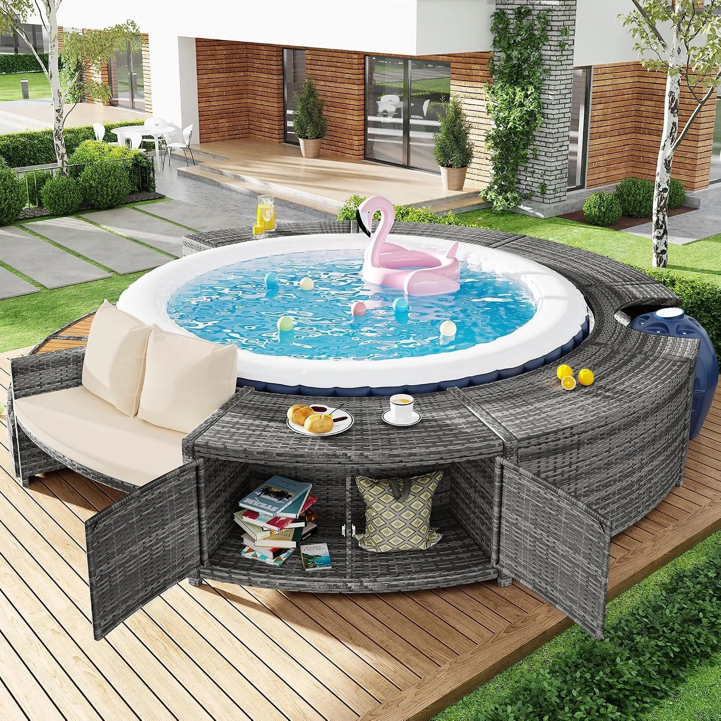Ensemble de Salon en Rotin PE Gris avec Rangement pour Piscine et Jacuzzi