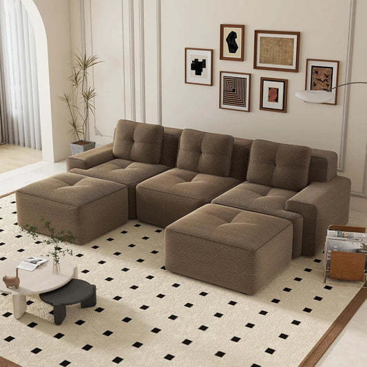 Canapé d'angle modulable en U, 5 places, velours côtelé marron, convertible avec assise profonde, confortable pour salon